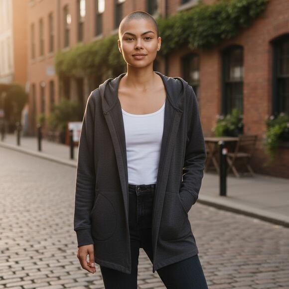 90 Degree Reflex Hooded Cardigan L Longline Open Front Gray Sweatshirt - Picture 1 of 7